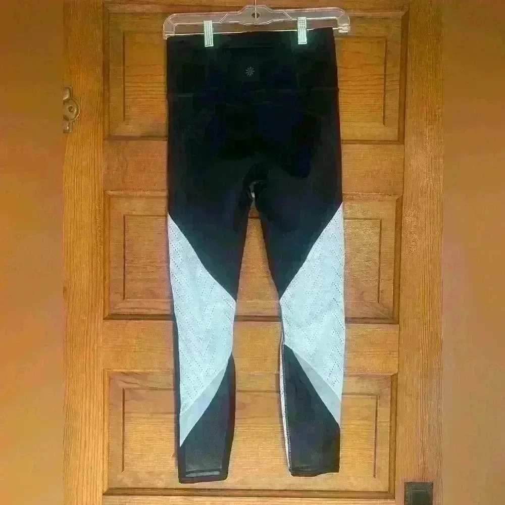 Athleta HighRise Precision Black&White Leggings, mesh cutouts size S, 25” inseam